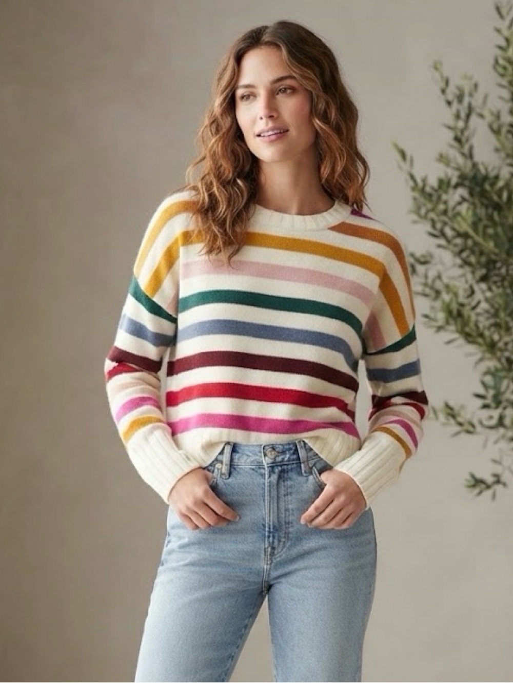 GAP Women's XL Ivory Multicolor Striped Crewneck Knit Pullover Ribbed Trim